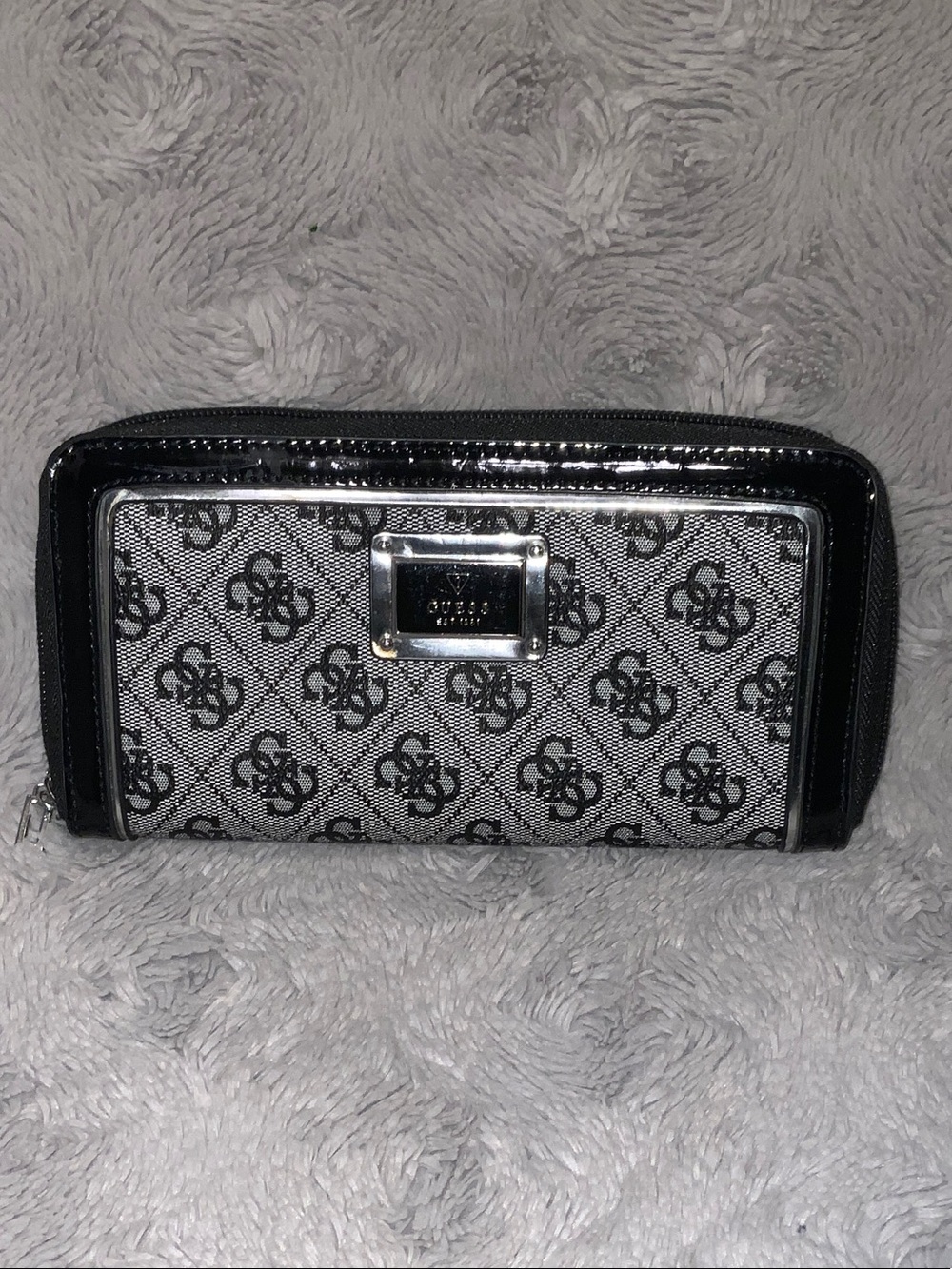 GUESS Black & Gray Signature Zip Wallet with Silver Plaque
